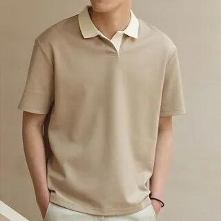 Contrast-Trim Short-Sleeve Polo Shirt A09 - Khaki by Nightbell