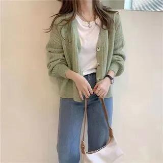 V-Neck Plain Pointelle Knit Cardigan Light Green by MIKIGA