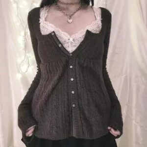 Long Sleeve Square-Neck Plain Cable-Knit Button-Up Loose-Fit Knit Top Dark Gray 262768331