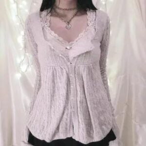 Long Sleeve Square-Neck Plain Cable-Knit Button-Up Loose-Fit Knit Top Light Gray 262768372