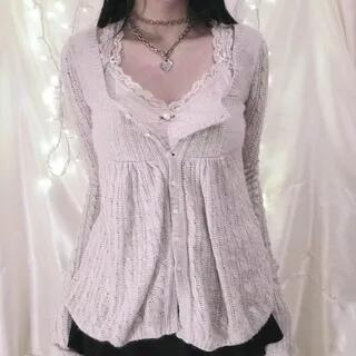 Long Sleeve Square-Neck Plain Cable-Knit Button-Up Loose-Fit Knit Top Light Gray by Rosesand