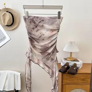 Tie Dye Asymmetrical Ruffle Trim Ruched Mesh Tube Top Khaki by DIYI