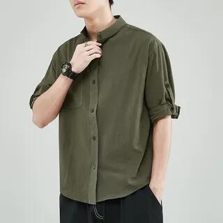 Elbow-Sleeve Band Collar Plain Shirt K42 - Army Green by Nightbell