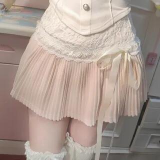 High Rise Accordion Pleated Panel Lace Mini A-Line Skirt Skirt - Light Pink by Angel Shine