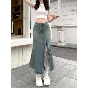 High Rise Ruffle Trim Washed Slit Midi Mermaid Denim Skirt Blue 263075809