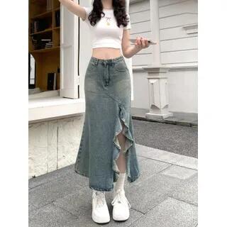 High Rise Ruffle Trim Washed Slit Midi Mermaid Denim Skirt Blue by Moon City