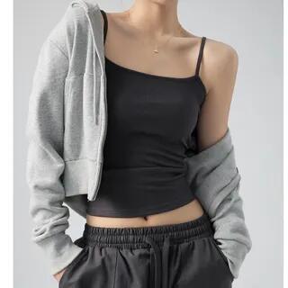 Scoop Neck Plain Ribbed Open Back Crop Camisole Top Ash Gray by PERKARP