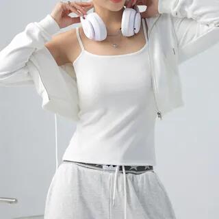 Scoop Neck Plain Ribbed Open Back Crop Camisole Top White by PERKARP