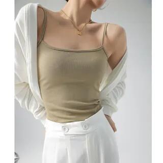 Scoop Neck Plain Ribbed Open Back Crop Camisole Top Khaki by PERKARP