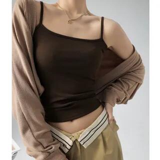 Scoop Neck Plain Ribbed Open Back Crop Camisole Top Coffee by PERKARP