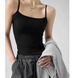 Scoop Neck Plain Ribbed Open Back Crop Camisole Top Black 263112556