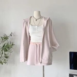 Henley Plain Lace Trim Ribbed Crop Camisole Top / Drawstring Waist Mini A-Line Skirt / Zip-Up Hoodie Hoodie - Melange Gray 263112565