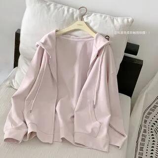 Henley Plain Lace Trim Ribbed Crop Camisole Top / Drawstring Waist Mini A-Line Skirt / Zip-Up Hoodie Hoodie - Pink by Rosesand