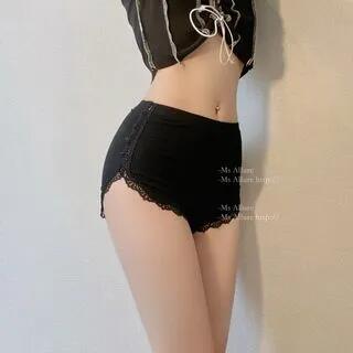 Plain Lace Trim Undershorts Black by Candyiry