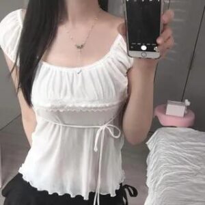 Lace-Trim Plain Mesh Panel See-Through Slim-Fit Crop Top White 263153775
