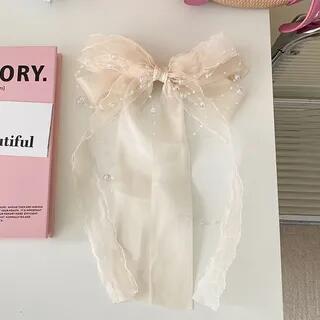 Ribbon Bow Accent Hair Claw Off-White | Gemsha by Gemsha