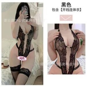 Halter Neck Lace Bodysuit / Thongs / Set Bodysuit - Black 263857116