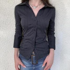 Long-Sleeve Collared Striped Button-Up Slim Fit Blouse Black 263857126