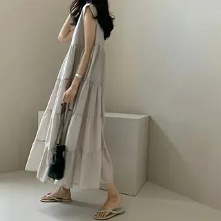 Sleeveless Plain Maxi Sundress Beige Gray by Lewwe