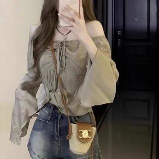 Bell Sleeve Off-Shoulder Tie-Front Ruffled-Hem Crop Top Gray by Daybreak