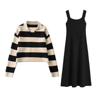 Maternity Collar Striped Oversized Sweater / Sleeveless Scoop Neck Plain Knit Midi A-Line Dress Sweater - Stripe - Black & Off-White by NEUF