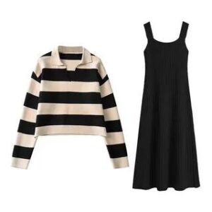 Maternity Collar Striped Oversized Sweater / Sleeveless Scoop Neck Plain Knit Midi A-Line Dress Dress - Black 264841170