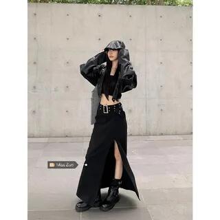 Collared Plain Faux Leather Crop Zip Biker Jacket / Mid Waist Slit Belted Maxi A-Line Skirt Skirt - Black by OUREA