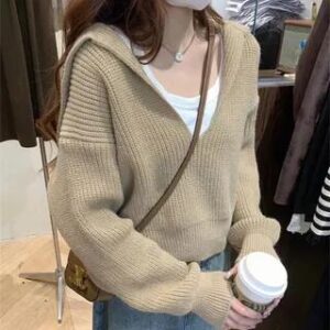 Cropped Sailor-Collar Loose Knit Sweater Khaki 265156628