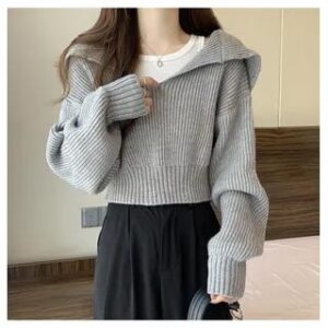 Cropped Sailor-Collar Loose Knit Sweater Gray 265156629