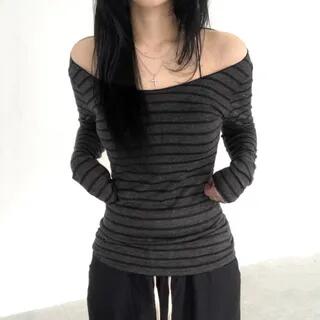 Long-Sleeve Scoop Neck Striped T-Shirt Dark Gray by BrickBlack