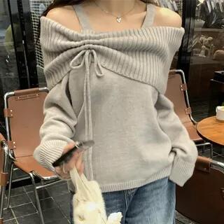 Cold Shoulder Plain Drawstring Waist Sweater Light Gray by PINPI