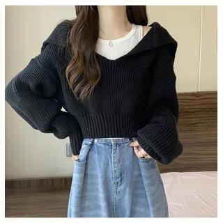Cropped Sailor-Collar Loose Knit Sweater Black by Bolgivy