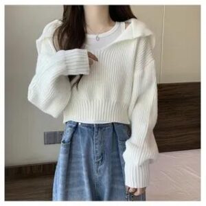 Cropped Sailor-Collar Loose Knit Sweater White 265156666