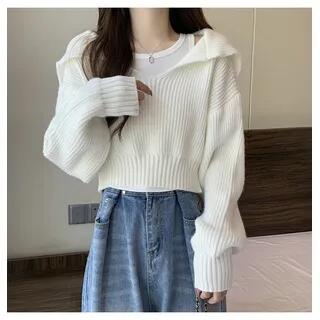 Cropped Sailor-Collar Loose Knit Sweater White by Bolgivy