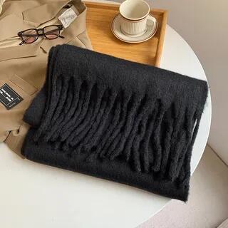 Fringed Plain Scarf Black by Pompabee