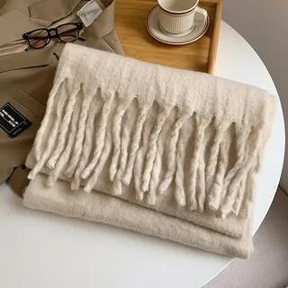 Fringed Plain Scarf Beige by Pompabee
