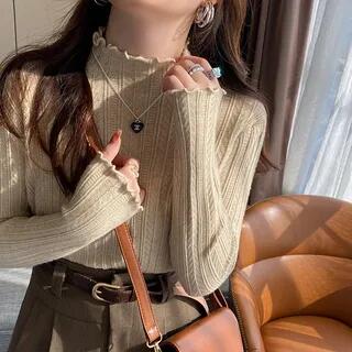 Ruffle Mock Neck Plain Ribbed Knitted Top Light Khaki by Strawolf