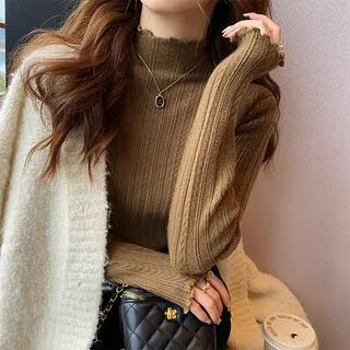 Ruffle Mock Neck Plain Ribbed Knitted Top Coffee by Strawolf