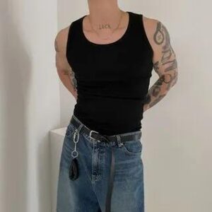 Scoop Neck Plain Tank Top Black 266126521