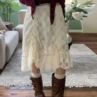Low Waist Lace See-Through Drawstring A-Line Skirt Nude by Honet