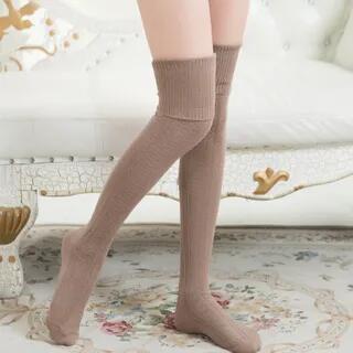 Over-the-Knee Cable-Knit Socks Coffee by Lychee
