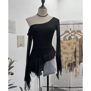 Long-Sleeve Off-Shoulder Asymmetrical Ruffle Hem Mesh Slim Fit Crop Top Plain - Black by Allinya