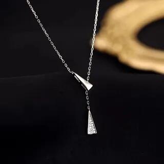 925 Sterling Silver Rhinestone Triangle Pendant Necklace Silver by pexrl jewelry