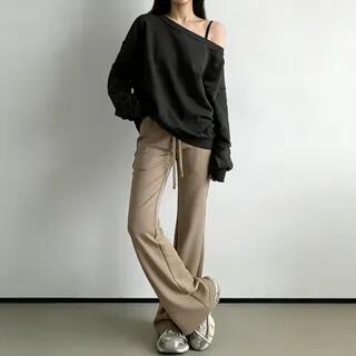 Crew Neck Drop Shoulder Plain Sweatshirt / High Waist Plain Mini Skirt / Flared Sweatpants Skirt - Dark Grey by Duwnie