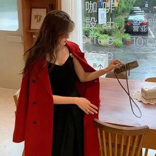 Plain Button-Up Long Coat Red by PINPI