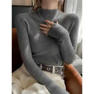 Long Sleeve Mock Neck Plain Ribbed Knit Top Gray 267426515