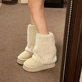 Platform Fluffy Short Boots Beige Almond by Nikao