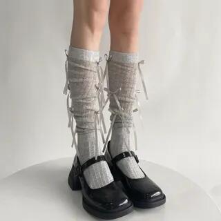 Ribbon Ribbed Socks Light Gray Bow - Light Gray by Bolgivy