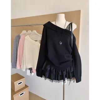 Mock Two-Piece Off Shoulder Sweater Black by Dute