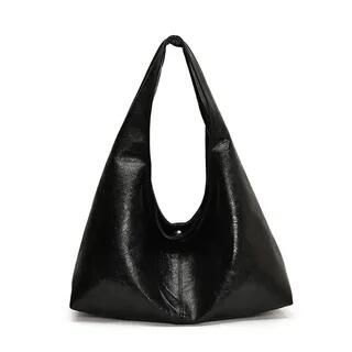 Plain Faux Leather Slouchy Shoulder Bag Black by NewTown